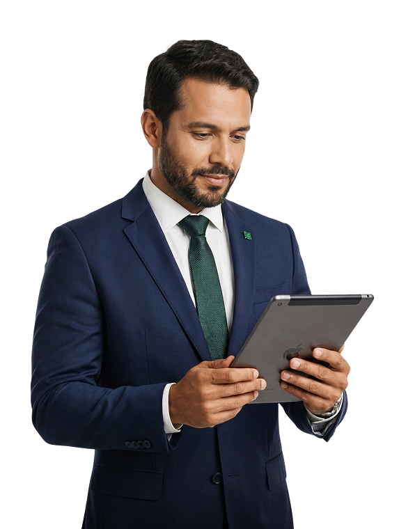 Consultor financeiro analisando carteiras no tablet